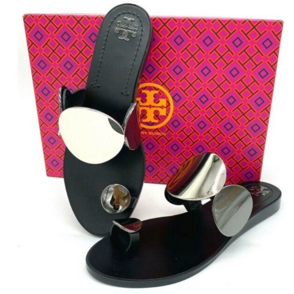 TORY BURCH Patos Multi-Disk Sandal Black Two Tone Metal Silver